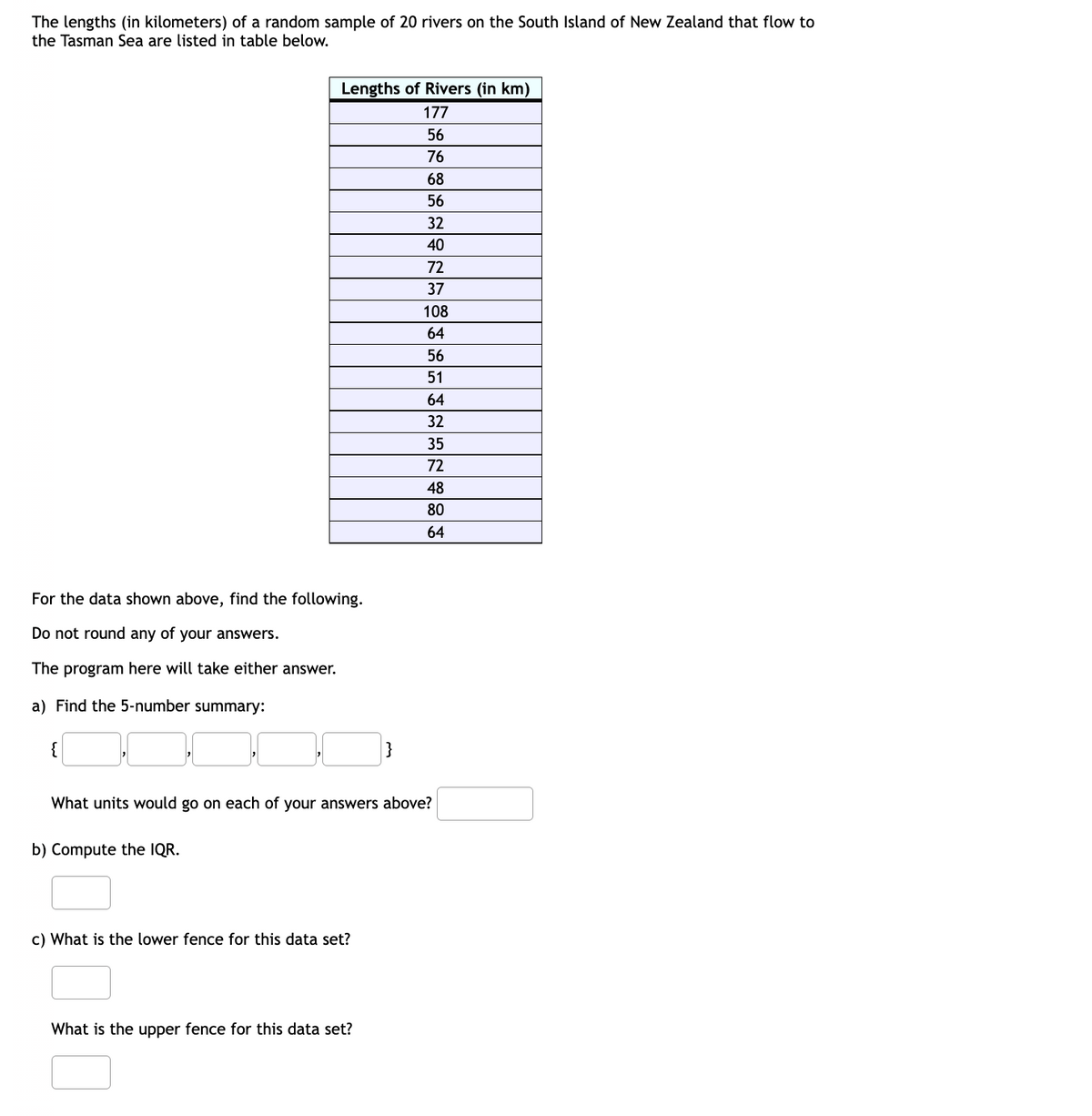 The lengths (in kilometers) of a random sample of 20 rivers on the South Island of New Zealand that flow to
the Tasman Sea are listed in table below.
Lengths of Rivers (in km)
177
56
76
68
56
For the data shown above, find the following.
Do not round any of your answers.
The program here will take either answer.
a) Find the 5-number summary:
b) Compute the IQR.
c) What is the lower fence for this data set?
|}
What units would go on each of your answers above?
What is the upper fence for this data set?
32
40
72
37
108
64
56
51
64
32
35
72
48
80
64