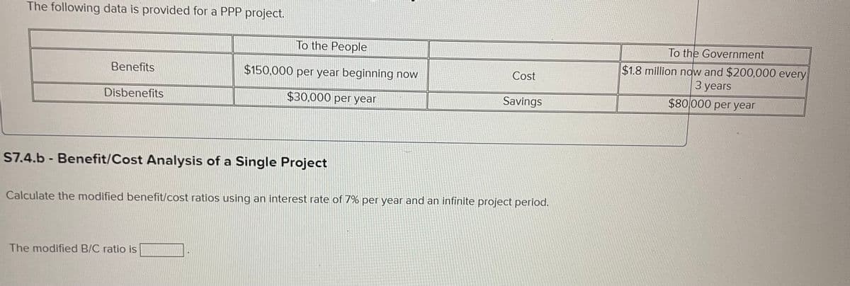 The following data is provided for a PPP project.
Benefits
Disbenefits
To the People
$150,000 per year beginning now
$30,000 per year
S7.4.b - Benefit/Cost Analysis of a Single Project
The modified B/C ratio is
Cost
Savings
Calculate the modified benefit/cost ratios using an interest rate of 7% per year and an infinite project period.
To the Government
$1.8 million now and $200,000 every
3 years
$80,000 per year