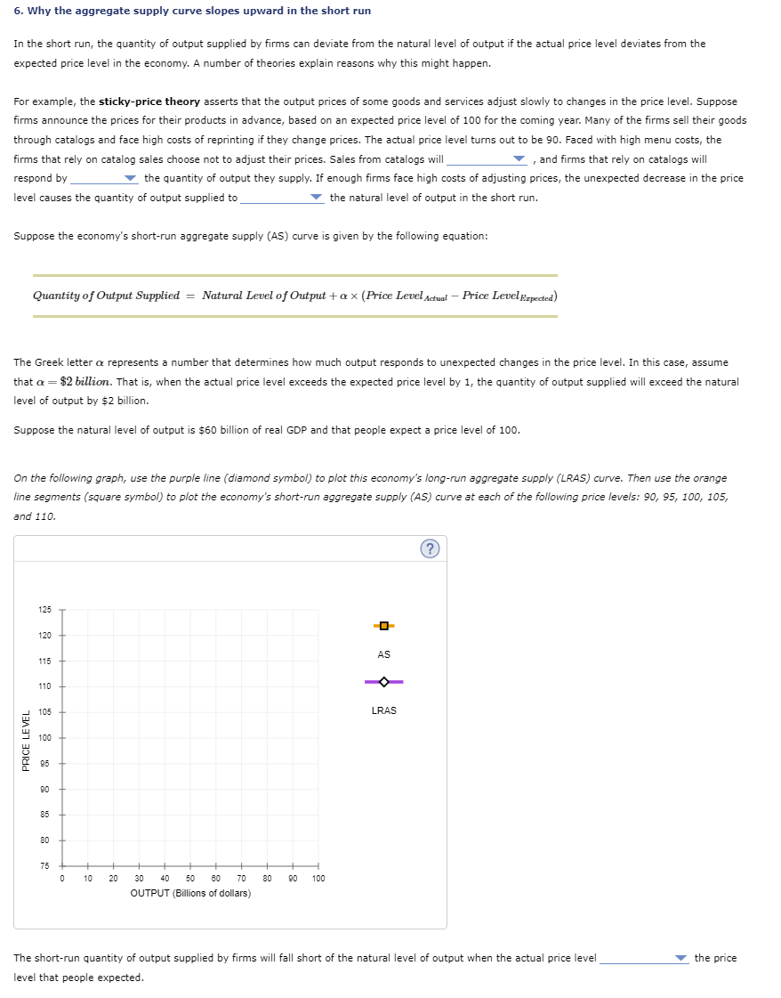 6. Why the aggregate supply curve slopes upward in the short run
In the short run, the quantity of output supplied by firms can deviate from the natural level of output if the actual price level deviates from the
expected price level in the economy. A number of theories explain reasons why this might happen.
For example, the sticky-price theory asserts that the output prices of some goods and services adjust slowly to changes in the price level. Suppose
firms announce the prices for their products in advance, based on an expected price level of 100 for the coming year. Many of the firms sell their goods
through catalogs and face high costs of reprinting if they change prices. The actual price level turns out to be 90. Faced with high menu costs, the
firms that rely on catalog sales choose not to adjust their prices. Sales from catalogs will
▼, and firms that rely on catalogs will
respond by
▼ the quantity of output they supply. If enough firms face high costs of adjusting prices, the unexpected decrease in the price
level causes the quantity of output supplied to
the natural level of output in the short run.
Suppose the economy's short-run aggregate supply (AS) curve is given by the following equation:
Quantity of Output Supplied = Natural Level of Output + ax (Price Level Actual-Price Level Expected)
The Greek letter a represents a number that determines how much output responds to unexpected changes in the price level. In this case, assume
that a = $2 billion. That is, when the actual price level exceeds the expected price level by 1, the quantity of output supplied will exceed the natural
level of output by $2 billion.
Suppose the natural level of output is $60 billion of real GDP and that people expect a price level of 100.
On the following graph, use the purple line (diamond symbol) to plot this economy's long-run aggregate supply (LRAS) curve. Then use the orange
line segments (square symbol) to plot the economy's short-run aggregate supply (AS) curve at each of the following price levels: 90, 95, 100, 105,
and 110.
PRICE LEVEL
125
120
115
110
105
100 +
95
90
85
80 +
75
0
+
10
20
30 40 50 80 70
OUTPUT (Billions of dollars)
H
80 90 100
-0
AS
LRAS
(?
The short-run quantity of output supplied by firms will fall short of the natural level of output when the actual price level
level that people expected.
the price