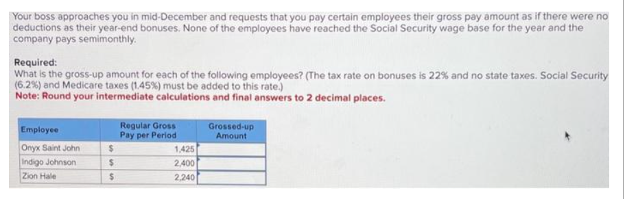 Your boss approaches you in mid-December and requests that you pay certain employees their gross pay amount as if there were no
deductions as their year-end bonuses. None of the employees have reached the Social Security wage base for the year and the
company pays semimonthly.
Required:
What is the gross-up amount for each of the following employees? (The tax rate on bonuses is 22% and no state taxes. Social Security
(6.2%) and Medicare taxes (1.45%) must be added to this rate.)
Note: Round your intermediate calculations and final answers to 2 decimal places.
Employee
Onyx Saint John
Indigo Johnson
Zion Hale
$
$
$
Regular Gross
Pay per Period
1,425
2,400
2,240
Grossed-up
Amount