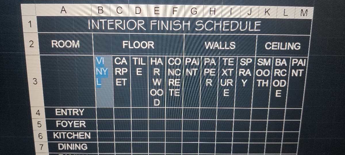 BCDE FGHI JKLM
INTERIOR FINISH SCHEDULE
A
1
ROOM
FLOOR
WALLS
CEILING
VI CA TIL HA CO PAI PA TE SP SM BA PAI
NY RP E R NC NT PE XT RA oo RC NT
L
W RE
00 TE
3
ET
RUR Y TH OD
ENTRY
FOYER
6 KITCHEN
DINING
