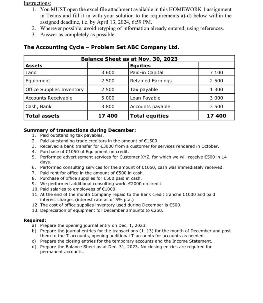 Instructions:
1. You MUST open the excel file attachment available in this HOMEWORK 1 assignment
in Teams and fill it in with your solution to the requirements a)-d) below within the
assigned deadline, i.e. by April 13, 2024, 6:59 PM.
2. Wherever possible, avoid retyping of information already entered, using references.
3. Answer as completely as possible.
The Accounting Cycle - Problem Set ABC Company Ltd.
Balance Sheet as at Nov. 30, 2023
Assets
Land
Equities
3 600
Paid-in Capital
7 100
Equipment
2 500
Retained Earnings
2 500
Office Supplies Inventory
2 500
Tax payable
1 300
Accounts Receivable
5 000
Loan Payable
3 000
Cash, Bank
3 800
Total assets
17 400
Accounts payable
Total equities
3 500
17 400
Summary of transactions during December:
1. Paid outstanding tax payables.
2. Paid outstanding trade creditors in the amount of €1500.
3.
Received a bank transfer for €3000 from a customer for services rendered in October.
4. Purchase of €1050 of Equipment on credit.
5. Performed advertisement services for Customer XYZ, for which we will receive €500 in 14
days.
6. Performed consulting services for the amount of €1050, cash was immediately received.
7. Paid rent for office in the amount of €500 in cash.
8. Purchase of office supplies for €500 paid in cash.
9. We performed additional consulting work, €2000 on credit.
10. Paid salaries to employees of €1000.
11. At the end of the month Company repaid to the Bank credit tranche €1000 and paid
interest charges (interest rate as of 5% p.a.)
12. The cost of office supplies inventory used during December is €500.
13. Depreciation of equipment for December amounts to €250.
Required:
a) Prepare the opening journal entry on Dec. 1, 2023.
b) Prepare the journal entries for the transactions (1-13) for the month of December and post
them to the T-accounts, opening additional T-accounts for accounts as needed.
c) Prepare the closing entries for the temporary accounts and the Income Statement.
d) Prepare the Balance Sheet as at Dec. 31, 2023. No closing entries are required for
permanent accounts.