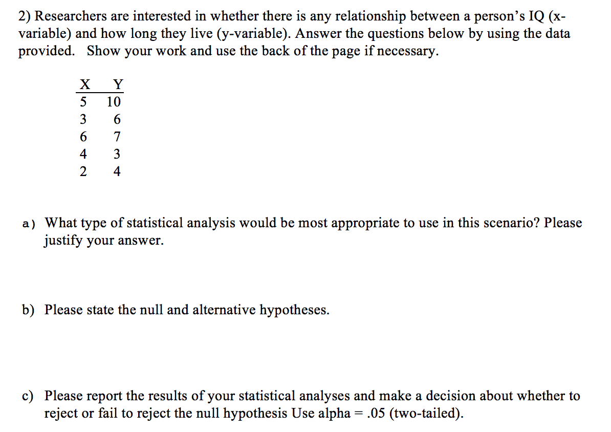 2) Researchers are interested in whether there is any relationship between a person's IQ (x-
variable) and how long they live (y-variable). Answer the questions below by using the data
provided. Show your work and use the back of the page if necessary.
X
Y
10
3
6.
6.
7
4
3
4
a) What type of statistical analysis would be most appropriate to use in this scenario? Please
justify your answer.
b) Please state the null and alternative hypotheses.
c) Please report the results of your statistical analyses and make a decision about whether to
reject or fail to reject the null hypothesis Use alpha = .05 (two-tailed).
%3D
