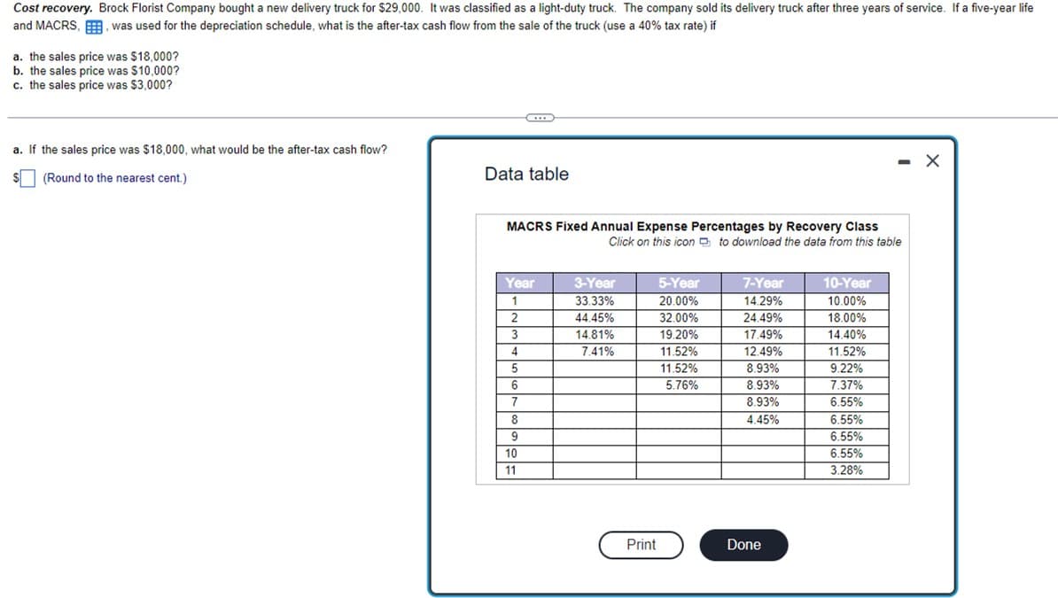 Cost recovery. Brock Florist Company bought a new delivery truck for $29,000. It was classified as a light-duty truck. The company sold its delivery truck after three years of service. If a five-year life
and MACRS, E, was used for the depreciation schedule, what is the after-tax cash flow from the sale of the truck (use a 40% tax rate) if
a. the sales price was $18,000?
b. the sales price was $10,000?
c. the sales price was $3,000?
a. If the sales price was $18,000, what would be the after-tax cash flow?
(Round to the nearest cent.)
Data table
MACRS Fixed Annual Expense Percentages by Recovery Class
Click on this icon to download the data from this table
Year
1
2
3
4
5
6
7
8
9
10
11
3-Year
33.33%
44.45%
14.81%
7.41%
Print
5-Year
20.00%
32.00%
19.20%
11.52%
11.52%
5.76%
7-Year
14.29%
24.49%
17.49%
12.49%
8.93%
8.93%
8.93%
4.45%
Done
10-Year
10.00%
18.00%
14.40%
11.52%
9.22%
7.37%
6.55%
- X
6.55%
6.55%
6.55%
3.28%