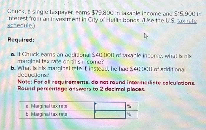 Chuck, a single taxpayer, earns $79,800 in taxable income and $15,900 in
interest from an investment in City of Heflin bonds. (Use the U.S. tax rate
schedule.)
W
Required:
a. If Chuck earns an additional $40,000 of taxable income, what is his
marginal tax rate on this income?
b. What is his marginal rate if, instead, he had $40,000 of additional
deductions?
Note: For all requirements, do not round intermediate calculations.
Round percentage answers to 2 decimal places.
a. Marginal tax rate
b. Marginal tax rate
%
%