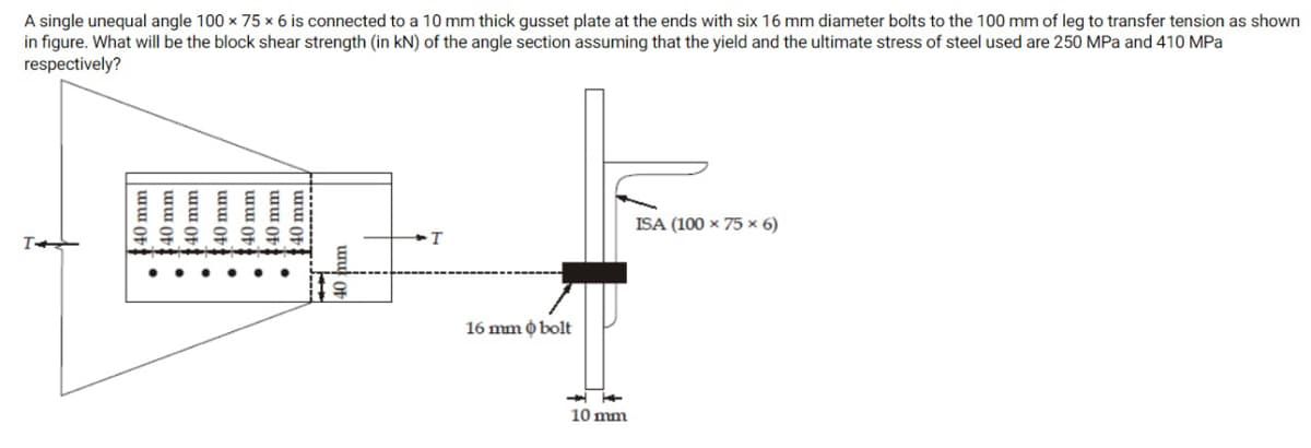 A single unequal angle 100 x 75 x 6 is connected to a 10 mm thick gusset plate at the ends with six 16 mm diameter bolts to the 100 mm of leg to transfer tension as shown
in figure. What will be the block shear strength (in kN) of the angle section assuming that the yield and the ultimate stress of steel used are 250 MPa and 410 MPa
respectively?
ISA (100 × 75 x 6)
-T
16 mm o bolt
10 mm
40 mm
40 mm|
40 mm
40 mm
40 mm
40 mm
10 mm
