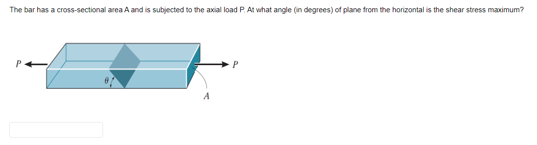The bar has a cross-sectional area A and is subjected to the axial load P. At what angle (in degrees) of plane from the horizontal is the shear stress maximum?
P
A
P