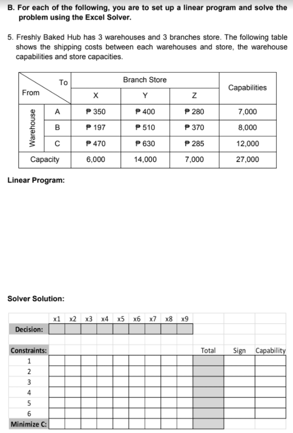 B. For each of the following, you are to set up a linear program and solve the
problem using the Excel Solver.
5. Freshly Baked Hub has 3 warehouses and 3 branches store. The following table
shows the shipping costs between each warehouses and store, the warehouse
capabilities and store capacities.
Branch Store
To
Capabilities
From
Y
A
P 350
P 400
P 280
7,000
B
P 197
P 510
P 370
8,000
P 470
P 630
P 285
12,000
Сарacity
6,000
14,000
7,000
27,000
Linear Program:
Solver Solution:
х1 x2 х3 х4 х5 х6 х7 х8 х9
Decision:
Constraints:
Total
Sign Capability
1
2
3
4
5
Minimize C:
Warehouse
