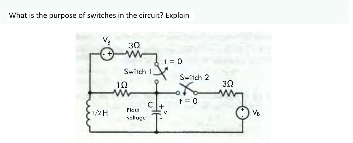 What is the purpose of switches in the circuit? Explain
VB
+
t = 0
Switch 1
Switch 2
12
t = 0
C
Flash
1/2 H
VB
voltage
