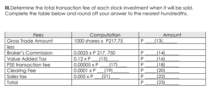 III.Determine the total transaction fee of each stock investment when it will be sold.
Complete the table below and round off your answer to the nearest hundredths.
Fees
Gross Trade Amount
Computation
1000 shares x P217.75
Amount
P
(13)
less
Broker's Commission
Value Added Tax
PSE transaction fee
0.0025 x P 217, 750
(15).
(17).
(19).
(21).
(14).
(16).
(18)
_(20).
(22),
_(23).
0.12 x P
0.00005 x P
Clearing Fee
Sales tax
0.0001 x P
0.005 x P
Total
