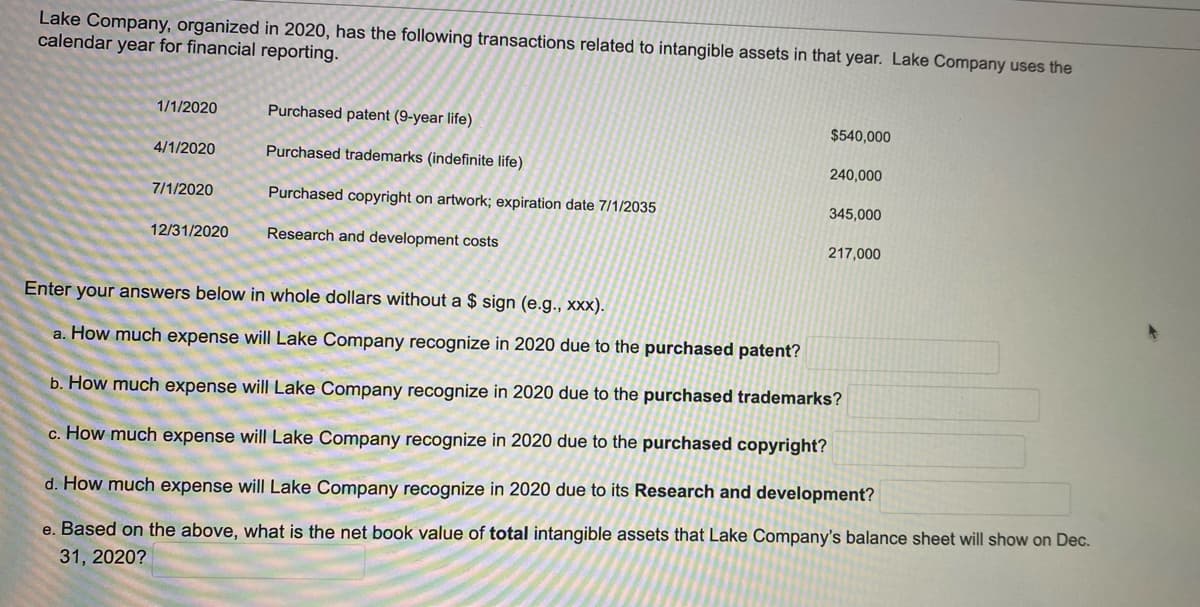 Lake Company, organized in 2020, has the following transactions related to intangible assets in that year. Lake Company uses the
calendar year for financial reporting.
1/1/2020
Purchased patent (9-year life)
$540,000
4/1/2020
Purchased trademarks (indefinite life)
240,000
7/1/2020
Purchased copyright on artwork; expiration date 7/1/2035
345,000
12/31/2020
Research and development costs
217,000
Enter your answers below in whole dollars without a $ sign (e.g., xxx).
a. How much expense will Lake Company recognize in 2020 due to the purchased patent?
b. How much expense will Lake Company recognize in 2020 due to the purchased trademarks?
c. How much expense will Lake Company recognize in 2020 due to the purchased copyright?
d. How much expense will Lake Company recognize in 2020 due to its Research and development?
e. Based on the above, what is the net book value of total intangible assets that Lake Company's balance sheet will show on Dec.
31, 2020?
