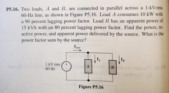 P5.16. Two loads, A and B, are connected in parallel across a 1-kV-rms
60-Hz line, as shown in Figure P5.16. Load A consumes 10 kW with
a 90 percent lagging power factor. Load B has an apparent power of
15 kVA with an 80 percent lagging power factor. Find the power, re-
active power, and apparent power delivered by the source. What is the
power factor seen by the source?
Iine
'line
Ig
1 kV rms
o odi ssbin.S
B.
60 Hz
Figure P5.16
