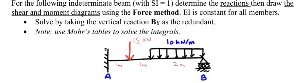 For the following indeterminate beam (with SI = 1) determine the reactions then draw the
shear and moment diagrams using the Force method. El is constant for all members.
Solve by taking the vertical reaction By as the redundant.
Note: use Mohr's tables to solve the integrals.
15 KN
10 kN/m
●
Im
2m