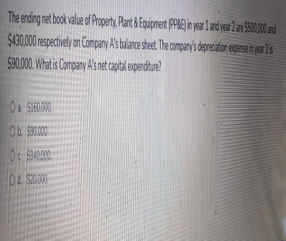 The ending net book value of Property. Plant&Eiquipment (PPRE) in year l and year 2 re $00ad
$430,000 respectively on Company A'sbalance sheet. The company's depreciationexpersein year Zis
$90,000. Whatis Company A's net capital expenditure?
O a $16000
Ob $9000
0. $340.00.
04 $20000
