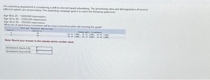 The marketing department is considering a shift to internet-based advertising The advertising rates and demographics of several
different options are shown below. The marketing campaign goal is to reach the following audiences
Age 18 to 25-1,000,000 impressions
Age 26 to 35-1,500,000 impressions
Age 36 to 45-750,000 impressions
What mox of advertising investment will be most economical while still meeting the goals?
Cost per thousand impressions
(dollars)
Source
Demographic breakdown
18-25 (108), 26-35 (50%), 36-45 (20%)
18-25 (10%), 26-35 (60%), 36-45 (30%)
Note: Round your answer to the nearest whole number value.
Investment in Source A (5)
Investment in Source (5)