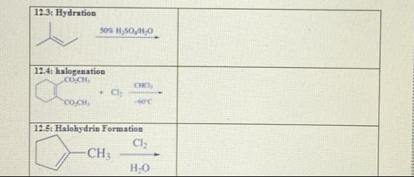 12.3: Hydration
so% H,SOH,0
12.4: halogenation
LCO-CH,
CHC
cO.CH,
12.5: Halohydrin Formation
Cl,
CH3
H-0
