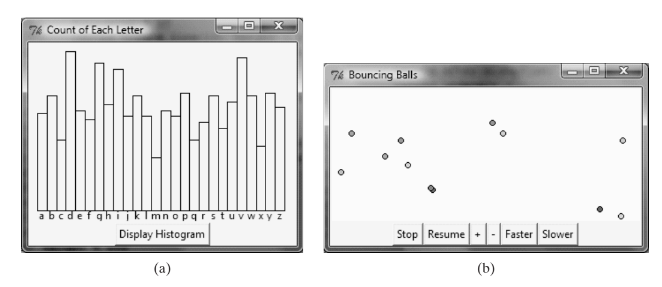 76 Count of Each Letter
76 Bouncing Balls
abcdefqhijklmnopgrstuV w xy z
Display Histogram
Stop Resume +
Faster Slower
(a)
(b)
