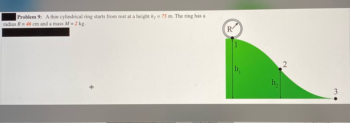 Problem 9: A thin cylindrical ring starts from rest at a height hj = 75 m. The ring has a
radius R = 46 cm and a mass M =2 kg.
R
h,
h,
