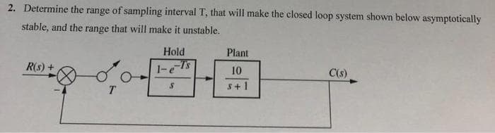 2. Determine the range of sampling interval T, that will make the closed loop system shown below asymptotically
stable, and the range that will make it unstable.
Hold
Plant
R(s) +
10
C(s)
S+1
