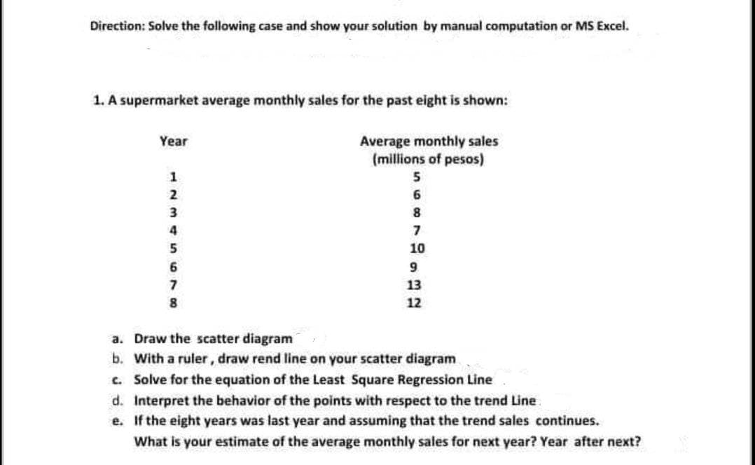 Direction: Solve the following case and show your solution by manual computation or MS Excel.
1. A supermarket average monthly sales for the past eight is shown:
Average monthly sales
(millions of pesos)
Year
1
5
2
6.
8
4
7
10
6
9.
7
13
12
a. Draw the scatter diagram
b. With a ruler, draw rend line on your scatter diagram
c. Solve for the equation of the Least Square Regression Line
d. Interpret the behavior of the points with respect to the trend Line
e. If the eight years was last year and assuming that the trend sales continues.
What is your estimate of the average monthly sales for next year? Year after next?
