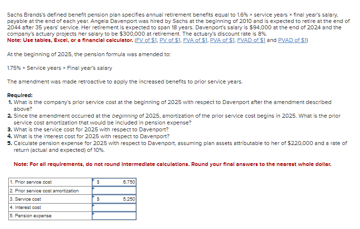 Sachs Brands's defined benefit pension plan specifies annual retirement benefits equal to 1.6% x service years x final year's salary.
payable at the end of each year. Angela Davenport was hired by Sachs at the beginning of 2010 and is expected to retire at the end of
2044 after 35 years' service. Her retirement is expected to span 18 years. Davenport's salary is $94.000 at the end of 2024 and the
company's actuary projects her salary to be $300,000 at retirement. The actuary's discount rate is 8%.
Note: Use tables, Excel, or a financial calculator. (FV of $1, PV of $1. FVA of $1, PVA of $1, FVAD of $1 and PVAD of $1)
At the beginning of 2025, the pension formula was amended to:
1.75% * Service years * Final year's salary
The amendment was made retroactive to apply the increased benefits to prior service years.
Required:
1. What is the company's prior service cost at the beginning of 2025 with respect to Davenport after the amendment described
above?
2. Since the amendment occurred at the beginning of 2025, amortization of the prior service cost begins in 2025. What is the prior
service cost amortization that would be included in pension expense?
3. What is the service cost for 2025 with respect to Davenport?
4. What is the interest cost for 2025 with respect to Davenport?
5. Calculate pension expense for 2025 with respect to Davenport, assuming plan assets attributable to her of $220,000 and a rate of
return (actual and expected) of 10%.
Note: For all requirements, do not round Intermediate calculations. Round your final answers to the nearest whole dollar.
1. Prior service cost
2. Prior service cost amortization
3. Service cost
4. Interest cost
5. Pension expense
S
$
6,750
5,250