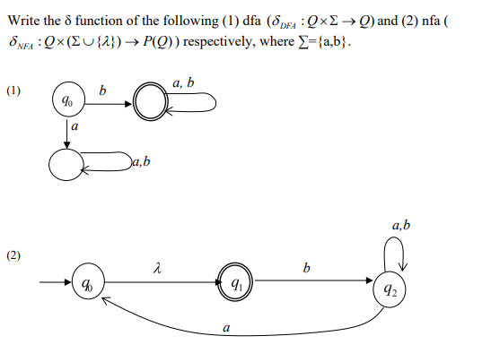 Write the ô function of the following (1) dfa (8pe4 : Q×£ –→Q)and (2) nfa (
SNEA : Qx (EU{2})→ P(Q)) respectively, where E={a,b}.
DFA
а, b
(1)
b
a
Da,b
a,b
(2)
b
92
a
