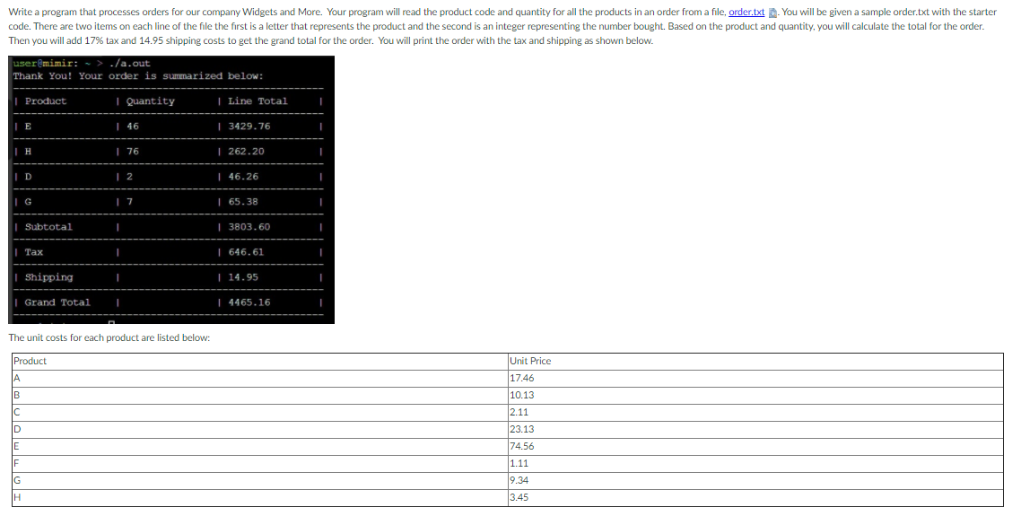 Write a program that processes orders for our company Widgets and More. Your program will read the product code and quantity for all the products in an order from a file, order.txt . You will be given a sample order.txt with the starter
code. There are two items on each line of the file the first is a letter that represents the product and the second is an integer representing the number bought. Based on the product and quantity, you will calculate the total for the order.
Then you will add 17% tax and 14.95 shipping costs to get the grand total for the order. You will print the order with the tax and shipping as shown below.
user@mimir: ~ > ./a.out
Thank You! Your order is summarized below:
| Product
I Quantity
| Line Total
IE
| 46
| 3429.76
| 76
| 262.20
I D
| 2
| 46.26
I G
| 65.38
| Subtotal
| 3803.60
‑ Тах
| 646.61
I Shipping
| 14.95
| Grand Total
| 4465.16
The unit costs for each product are listed below:
Product
Unit Price
17.46
B
10.13
Ic
2.11
ID
23.13
E
74.56
1.11
9.34
3.45
IG
