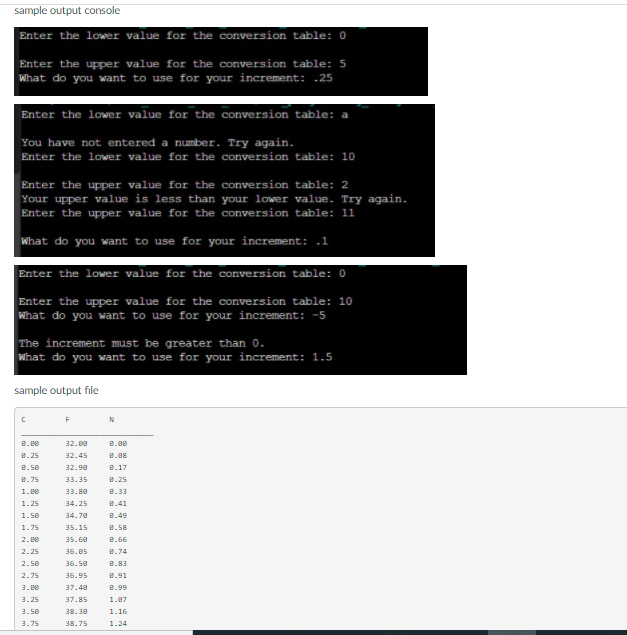 sample output console
Enter the lower value for the conversion table: 0
Enter the upper value for the conversion table: 5
What do you want to use for your increment: .25
Enter the lower value for the conversion table: a
You have not entered a number. Try again.
Enter the lower value for the conversion table: 10
Enter the upper value for the conversion table: 2
Your upper value is less than your lower value. Try again.
Enter the upper value for the conversion table: 11
What do you want to use for your increment: .1
Enter the lower value for the conversion table: 0
Enter the upper value for the conversion table: 10
What do you want to use for your increment: -5
The increment must be greater than 0.
what do you want to use for your increment: 1.5
sample output file
F
N
e.ee
32. 00
e.00
e.25
32.45
e.08
e.50
32.90
e.17
0.75
33.35
e.25
1.e0
33.88
0.33
1.25
34.25
0.41
1.50
34.70
0.49
1.75
35.15
e.58
2.e0
35.60
e.66
2.25
36.05
0.74
2.50
36.5e
e.83
2.75
36.95
e.91
3.e0
37.40
e.99
3.25
37.85
1.07
3.50
38.30
1.16
3.75
38.75
1.24
