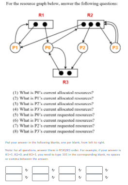 For the resource graph below, answer the following questions:
R1
R2
P1
PO
P2
P3
R3
(1) What is P's eument allocatal roarces?
(2) What is PI' current allocatad resources?
(3) What is P2s current allocated researces?
(4) What is P3's current allocated resources?
(5) What is PO's current requested resources?
(6) What is PI's current requested resources
(7) What is P2's current requested resources?
(8) What is P3's current requested resources?
Put your anwwer in the falowing blanka, one per blank, from left to right.
Nate: for all queationa, answer them in RI2RS ander. For esample, if your answer is
RI-1, K2-0, and d-1, you need to type 101 in the comesponding blank, no spaces
or comma between the armwer.
