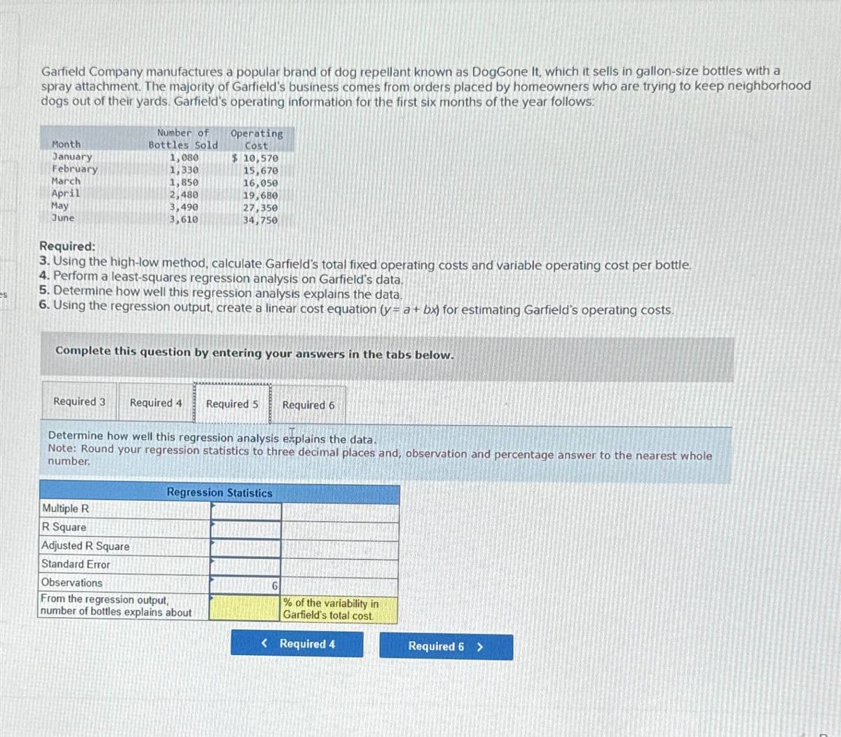 Garfield Company manufactures a popular brand of dog repellant known as DogGone It, which it sells in gallon-size bottles with a
spray attachment. The majority of Garfield's business comes from orders placed by homeowners who are trying to keep neighborhood
dogs out of their yards. Garfield's operating information for the first six months of the year follows:
Month
January
February
March
April
Operating
Cost
Number of
Bottles Sold
1,080
$ 10,570
1,330
15,670
1,850
16,050
2,480
19,680
3,490
27,350
3,610
34,750
May
June
Required:
3. Using the high-low method, calculate Garfield's total fixed operating costs and variable operating cost per bottle.
4. Perform a least-squares regression analysis on Garfield's data.
5. Determine how well this regression analysis explains the data.
6. Using the regression output, create a linear cost equation (y= a + bx) for estimating Garfield's operating costs.
Complete this question by entering your answers in the tabs below.
Required 3
Required 4 Required 5
Required 6
Determine how well this regression analysis explains the data.
Note: Round your regression statistics to three decimal places and, observation and percentage answer to the nearest whole
number.
Regression Statistics
Multiple R
R Square
Adjusted R Square
Standard Error
Observations
From the regression output,
number of bottles explains about
6
% of the variability in
Garfield's total cost
< Required 4
Required 6 >