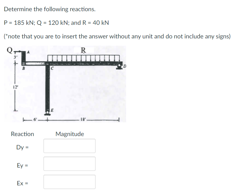 Determine the following reactions.
P = 185 kN; Q = 120 kN; and R = 40 KN
(*note that you are to insert the answer without any unit and do not include any signs)
R
12º
B
Reaction
Dy =
Ey =
Ex =
C
Magnitude