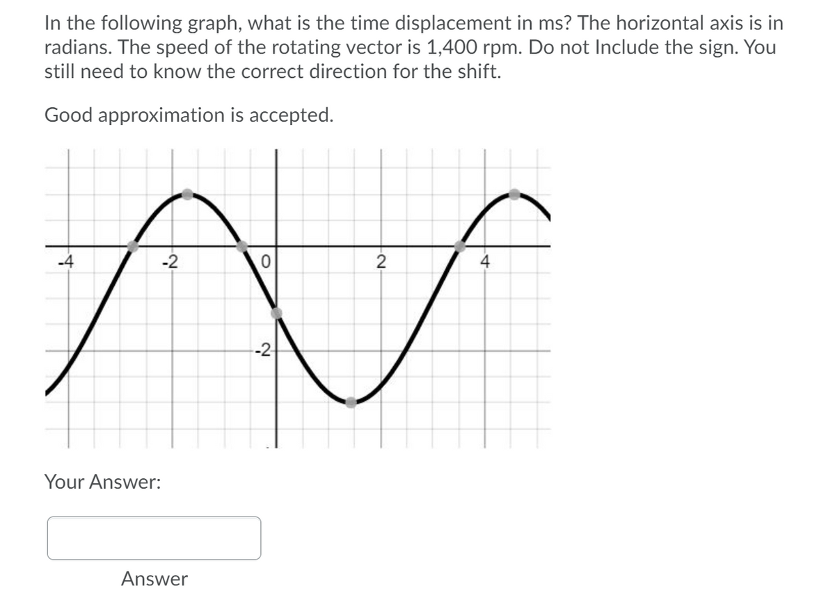 In the following graph, what is the time displacement in ms? The horizontal axis is in
radians. The speed of the rotating vector is 1,400 rpm. Do not Include the sign. You
still need to know the correct direction for the shift.
Good approximation is accepted.
-2
4
-2-
Your Answer:
Answer
