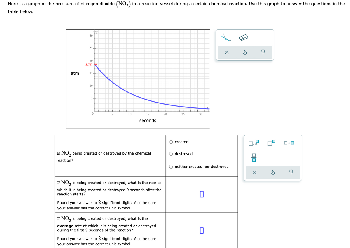 Here is a graph of the pressure of nitrogen dioxide (NO,) in a reaction vessel during a certain chemical reaction. Use this graph to answer the questions in the
table below.
30-
25 -
20-
18.707
atm
15-
10-
10
15
20
25
30
seconds
O created
x10
Is NO, being created or destroyed by the chemical
destroyed
reaction?
neither created nor destroyed
If NO, is being created or destroyed, what is the rate at
which it is being created or destroyed 9 seconds after the
reaction starts?
Round your answer to 2 significant digits. Also be sure
your answer has the correct unit symbol.
If NO, is being created or destroyed, what is the
average rate at which it is being created or destroyed
during the first 9 seconds of the reaction?
Round your answer to 2 significant digits. Also be sure
your answer has the correct unit symbol.
