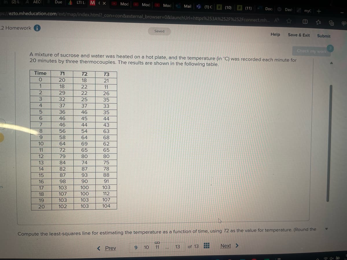 (1) CH (10)
(1) C
ps://ezto.mheducation.com/ext/map/index.html?_con=con&external_browser=0&launch Url=https%253A%252F%252Fconnect.mh... A
in (2) L A AECO
2 Homework i
es
Time
0
1
2
3
4
5
6
7
8
9
10
A mixture of sucrose and water was heated on a hot plate, and the temperature (in °C) was recorded each minute for
20 minutes by three thermocouples. The results are shown in the following table.
11
12
Due
13
14
15
16
17
18
19
20
71
2828MBENAT
N822234445680Ng99
20
18
29
32
37
36
46
46
56
58
64
72
79
84
82
87
98
103
107
LTI L M (X
103
102
72
18
37
74
87
100
100
73
21
11
26
35
33
35
44
43
63
68
62
65
80
75
78
88
91
103
112
107
104
Mod
< Prev
Mod
9
Mod
Saved
10
S
11
Mail
...
13
H (11)
Compute the least-squares line for estimating the temperature as a function of time, using 72 as the value for temperature. (Round the
of 13
#
Doc
Help
Next >
Dash
myC +
CD
☆=
Save & Exit Submit
Check my work
4x