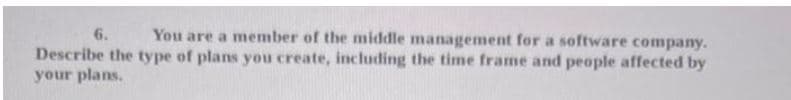 6.
You are a member of the middle management for a software company.
Describe the type of plans you create, including the time frame and people affected by
your plans.
