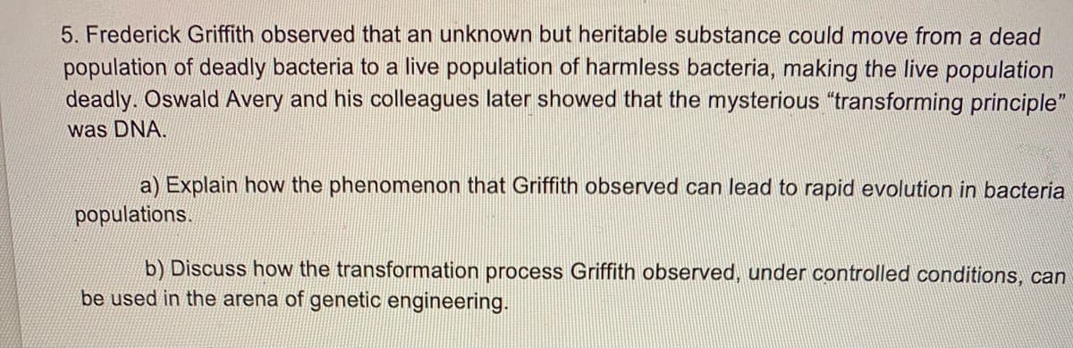 5. Frederick Griffith observed that an unknown but heritable substance could move from a dead
population of deadly bacteria to a live population of harmless bacteria, making the live population
deadly. Oswald Avery and his colleagues later showed that the mysterious "transforming principle"
was DNA.
a) Explain how the phenomenon that Griffith observed can lead to rapid evolution in bacteria
populations.
b) Discuss how the transformation process Griffith observed, under controlled conditions, can
be used in the arena of genetic engineering.