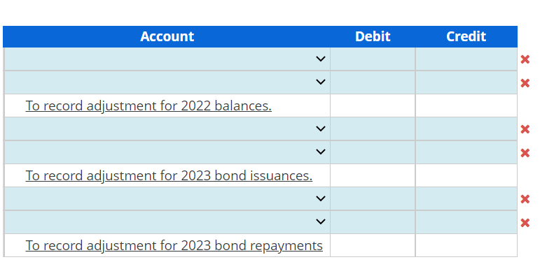 Account
To record adjustment for 2022 balances.
To record adjustment for 2023 bond issuances.
To record adjustment for 2023 bond repayments
Debit
Credit
x x
X
x x
X
x x
