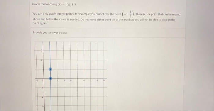 Graph the function f(x) = log; (x).
You can only graph integer points, for example you cannot plot the point (-1,
There is one point that can be moved
above and below the x axis as needed. Do not move either point off of the graph as you will not be able to click on the
point again.
Provide your answer below:
0