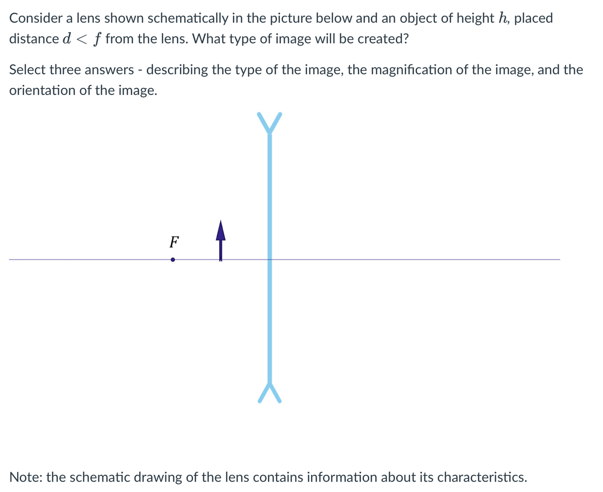 Consider a lens shown schematically in the picture below and an object of height h, placed
distance d < f from the lens. What type of image will be created?
Select three answers - describing the type of the image, the magnification of the image, and the
orientation of the image.
F
Note: the schematic drawing of the lens contains information about its characteristics.
