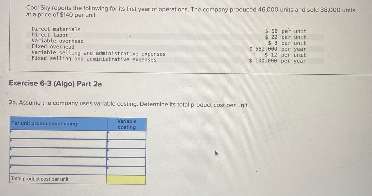 Cool Sky reports the following for its first year of operations. The company produced 46,000 units and sold 38,000 units
at a price of $140 per unit.
Direct materials
Direct labor
Variable overhead
Fixed overhead
Variable selling and administrative expenses
Fixed selling and administrative expenses
$ 60 per unit
$ 22 per unit
$ 8 per unit
$ 552,000 per year
$ 12 per unit
$ 100,000 per year
Exercise 6-3 (Algo) Part 2a
2a. Assume the company uses variable costing. Determine its total product cost per unit.
Per unit product cost using:
Total product cost per unit
Variable
costing