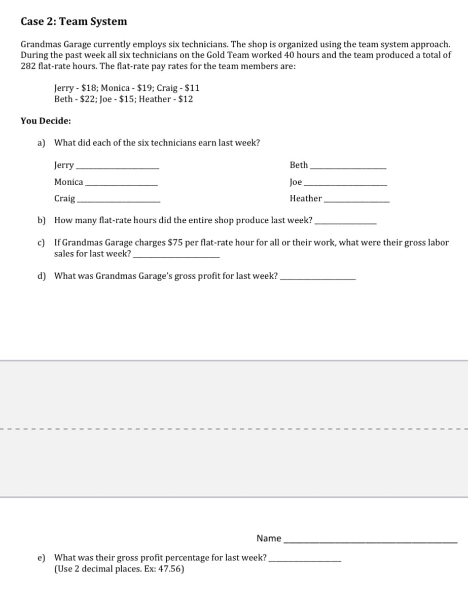 Case 2: Team System
Grandmas Garage currently employs six technicians. The shop is organized using the team system approach.
During the past week all six technicians on the Gold Team worked 40 hours and the team produced a total of
282 flat-rate hours. The flat-rate pay rates for the team members are:
Jerry - $18; Monica - $19; Craig - $11
Beth - $22; Joe - $15; Heather - $12
You Decide:
a) What did each of the six technicians earn last week?
Jerry
Monica
Craig
b)
How many flat-rate hours did the entire shop produce last week?
c)
If Grandmas Garage charges $75 per flat-rate hour for all or their work, what were their gross labor
sales for last week?
d) What was Grandmas Garage's gross profit for last week?
Name
e) What was their gross profit percentage for last week?
(Use 2 decimal places. Ex: 47.56)
Beth
Joe
Heather