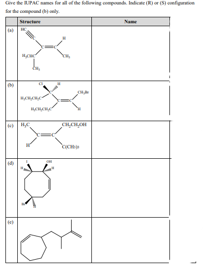 Give the IUPAC names for all of the following compounds. Indicate (R) or (S) configuration
for the compound (b) only.
Structure
Name
(a)
HC
H
H,CHC
CH
(b)
CH,Br
H,CH,CH,C“
H;CH,CH,C
(c)
H;C
CH,CH,OH
H'
C(CH3)3
OH
(d)
ww.
(e)
