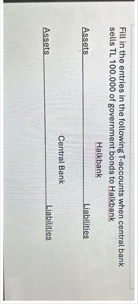 Fill in the entries in the following T-accounts when central bank
sells TL 100.000 of government bonds to Halkbank
Assets
Halkbank
Liabilities
Central Bank
Assets
Liabilities