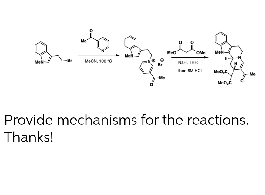 Me
Meo
OMe
MeN-
MeN-
H -N
MeN-
-Br
MECN, 100 °C
NaH, THF;
Br
then 6M HCI
Meo,C
-Me
-Me
MeO2C
Provide mechanisms for the reactions.
Thanks!
