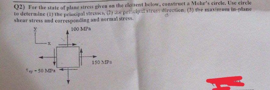 Q2) For the state of plane stress given on the element below, construct a Mohr's circle. Use circle
to determine (1) the principal stresses, (2) the principal stress direction, (3) the maximum in-plane
shear stress and corresponding and normal stress.
100 MPa
150 MPa
Tay - 50 MPa