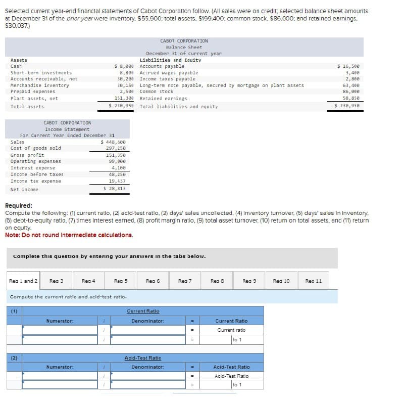 Selected current year-end financial statements of Cabot Corporation follow. (All sales were on credit; selected balance sheet amounts
at December 31 of the prior year were Inventory. $55,900: total assets. $199.400: common stock. $86.000: and retained earnings.
$30,037.)
Assets
Cash
Short-term investments
Accounts receivable, net
Merchandise inventory
Prepaid expenses
Plant assets, net
Total assets
CABOT CORPORATION
Income Statement
CABOT CORPORATION
Balance Sheet
December 31 of current year
Liabilities and Equity
$ 8,000
Accounts payable
8,800
Accrued wages payable
30,200
Income taxes payable
30,150
Long-term note payable, secured by mortgage on plant assets
2,500
151,300
Common stock
Retained earnings
$ 230,950
Total liabilities and equity
$16,500
3,400
2,800
63,400
86,000
58,850
$ 230,950
For Current Year Ended December 31
Sales
Cost of goods sold
Gross profit
Operating expenses
Interest expense
Income before taxes
Income tax expense
Net incone
Required:
$ 448,600
297,250
151,350
99,000
4,100
48,250
19,437
$ 28,813
Compute the following: (1) current ratio, (2) acid-test ratio, (3) days' sales uncollected, (4) Inventory turnover. (5) days' sales In Inventory,
(6) debt-to-equity ratio, (7) times Interest earned, (8) profit margin ratio, (9) total asset turnover, (10) return on total assets, and (11) return
on equity.
Note: Do not round intermediate calculations.
Complete this question by entering your answers in the tabs below.
Req 1 and 2
Req 3
Req 4
Req 5
Req 6
Reg 7
Req 8
Req 9
Req 10
Req 11
Compute the current ratio and acid-test ratio.
(1)
(2)
Numerator:
Current Ratio
Denominator:
=
Current Ratio
=
Current ratio
=
to 1
Acid-Test Ratio
Numerator:
1
Denominator:
=
Acid-Test Ratio
=
Acid-Test Ratio
to 1