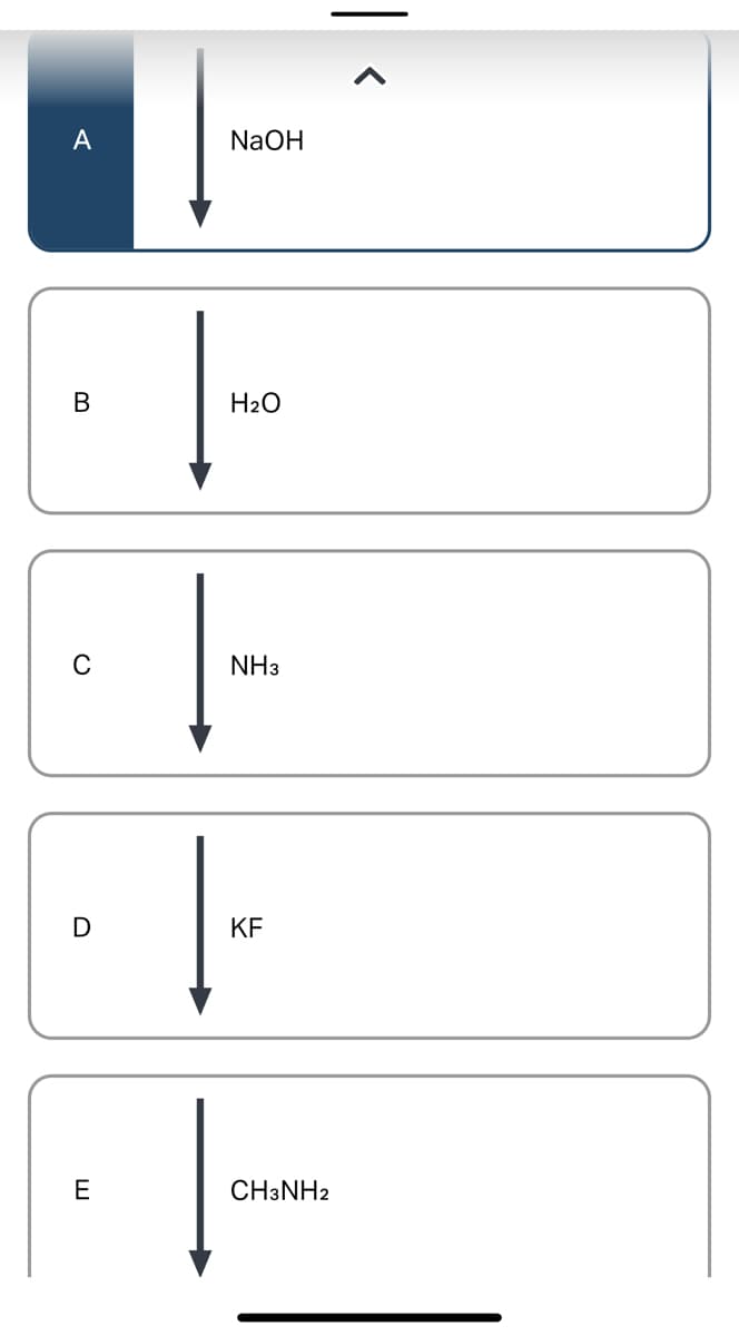 A
B
|· |
D
E
NaOH
H₂O
NH3
KF
CH3NH2