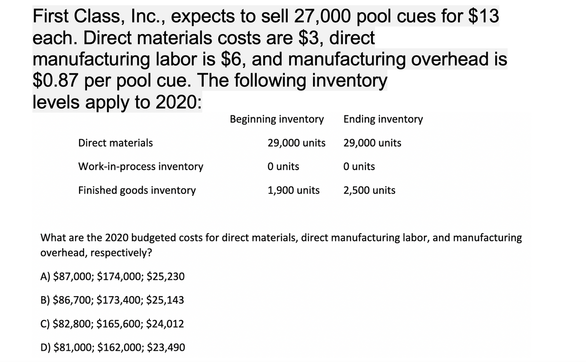 First Class, Inc., expects to sell 27,000 pool cues for $13
each. Direct materials costs are $3, direct
manufacturing labor is $6, and manufacturing overhead is
$0.87 per pool cue. The following inventory
levels apply to 2020:
Direct materials
Work-in-process inventory
Finished goods inventory
Beginning inventory
29,000 units
0 units
1,900 units
Ending inventory
29,000 units
0 units
2,500 units
What are the 2020 budgeted costs for direct materials, direct manufacturing labor, and manufacturing
overhead, respectively?
A) $87,000; $174,000; $25,230
B) $86,700; $173,400; $25,143
C) $82,800; $165,600; $24,012
D) $81,000; $162,000; $23,490