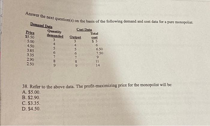 C
Answer the next question(s)
Demand Data
Price
$5.50
5.00
4.50
3.85
3.35
2.90
2.50
Quantity
demanded
C. $3.35.
D. $4.50.
5769CAW
4
8
on the basis of the following demand and cost data for a pure monopolist:
Cost Data
Output
3456789
Total
cost
$5
6
6.50
7.50
9
11
14
38. Refer to the above data. The profit-maximizing price for the monopolist will be:
A. $5.00.
B. $2.90.