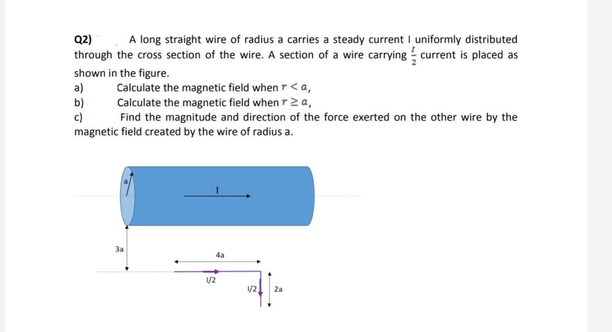 A long straight wire of radius a carries a steady current I uniformly distributed
Q2)
through the cross section of the wire. A section of a wire carrying current is placed as
shown in the figure.
a)
b)
c)
magnetic field created by the wire of radius a.
Calculate the magnetic field when r < a,
Calculate the magnetic field when rza,
Find the magnitude and direction of the force exerted on the other wire by the
За
4a
1/2
1/2
2a
